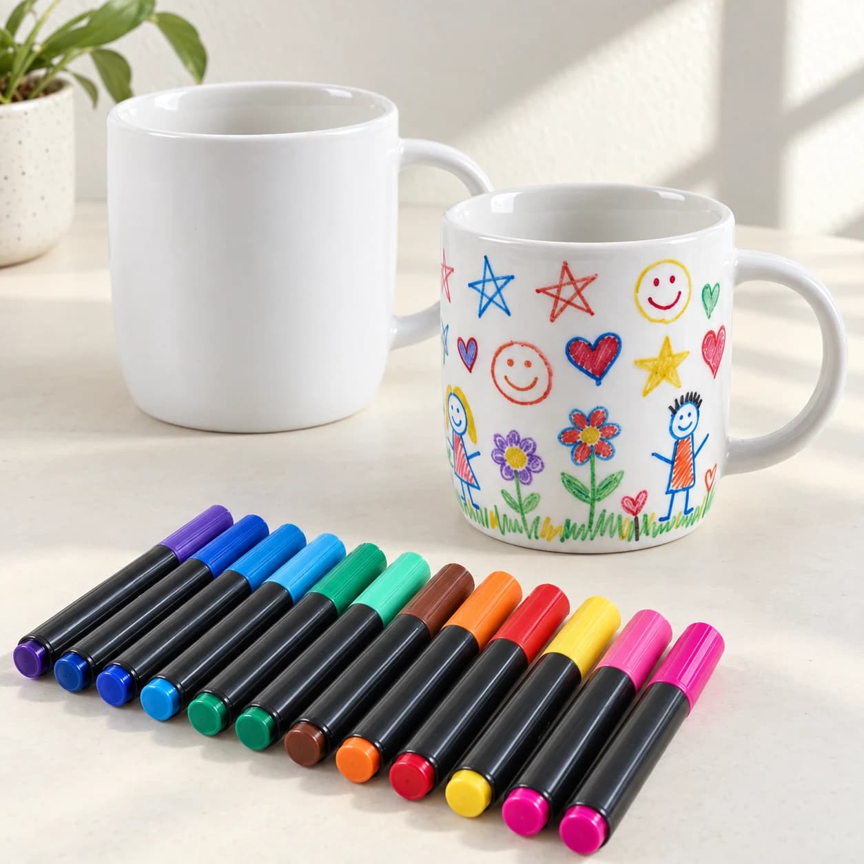 Eine weiße Tasse neben einer bunt bemalten Tasse und Porzellanmarkern