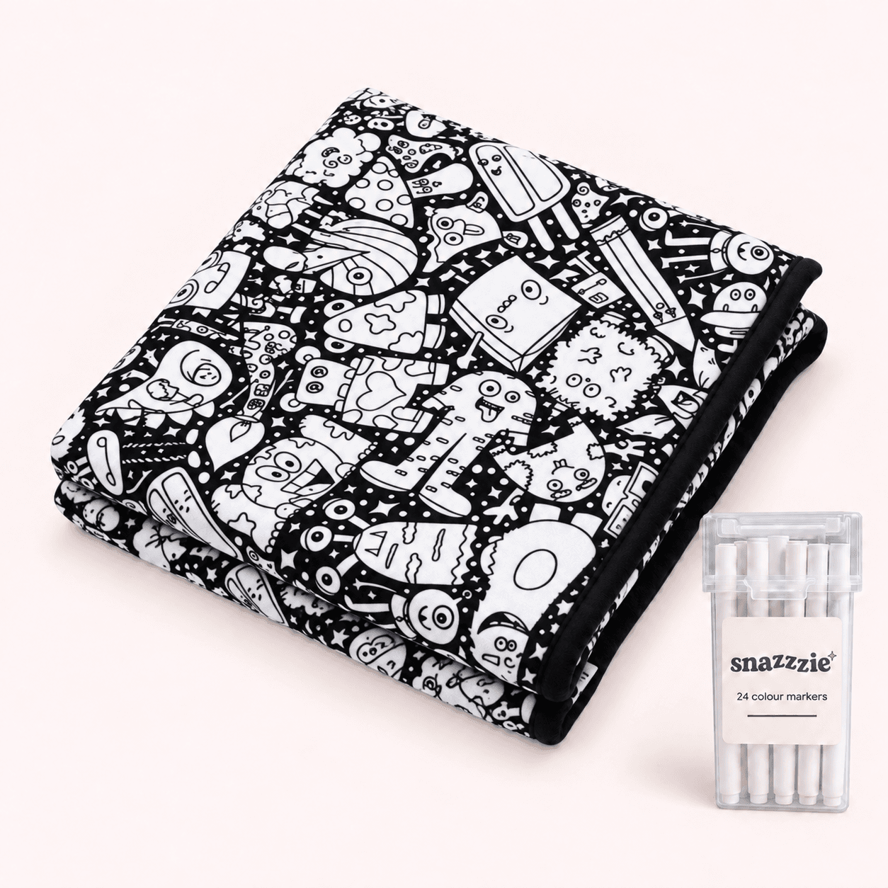 Coperta da colorare Club degli scarabocchi in bianco e nero con astuccio di 24 pennarelli