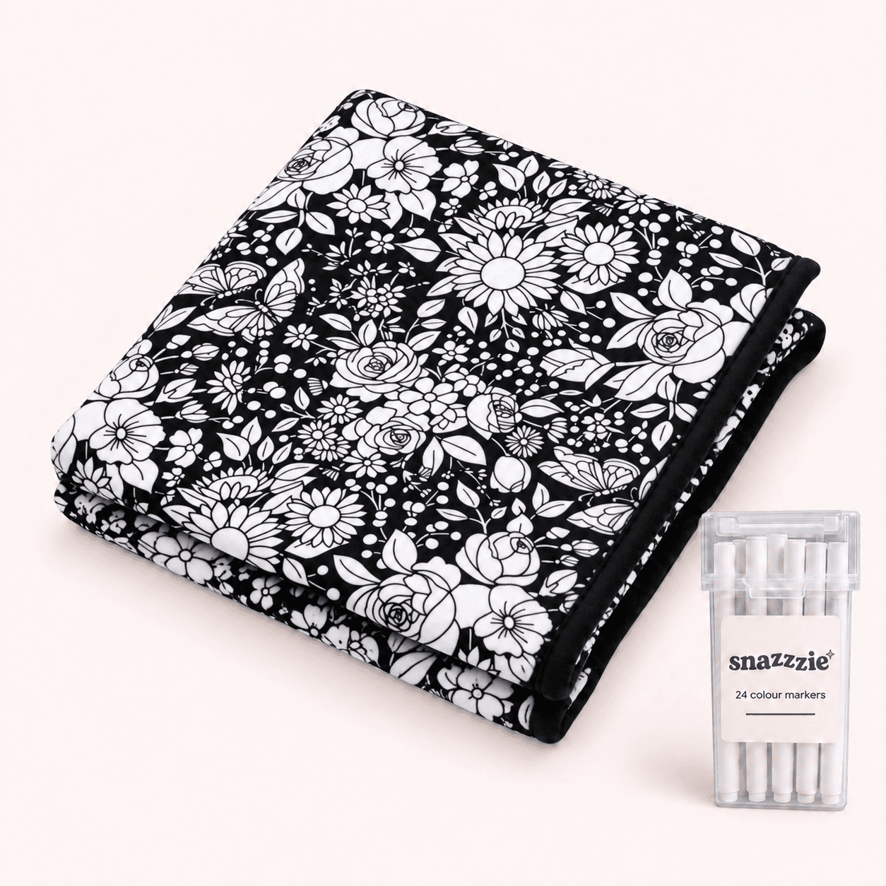 Coperta da colorare Magia floreale in bianco e nero con astuccio di 24 pennarelli