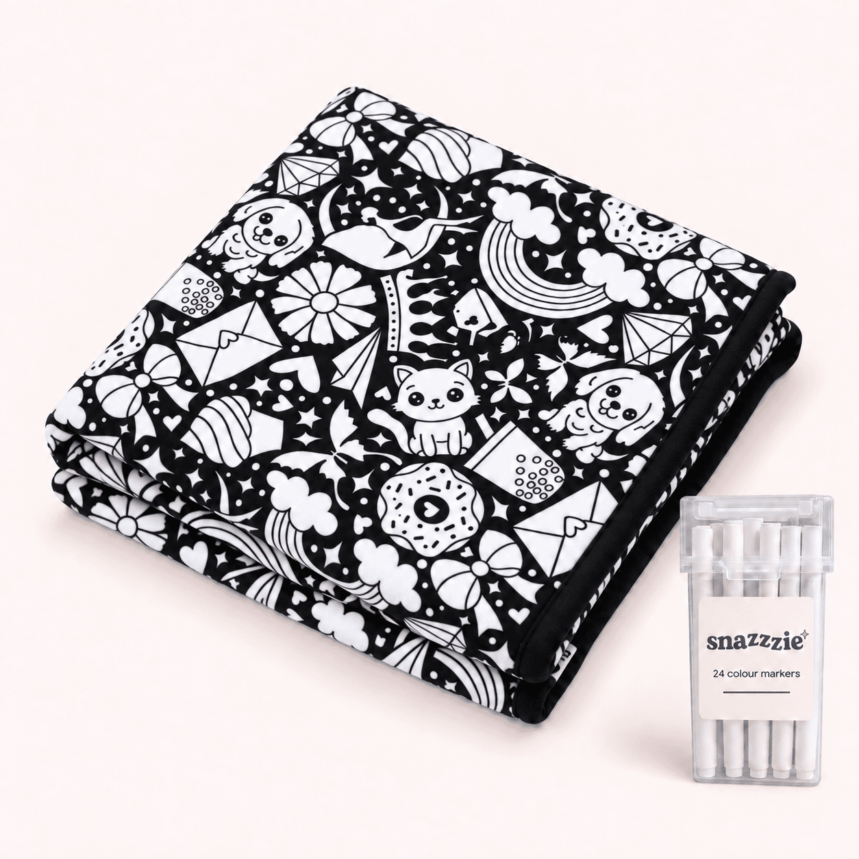 Coperta da colorare Giorni felici in bianco e nero con astuccio di 24 pennarelli